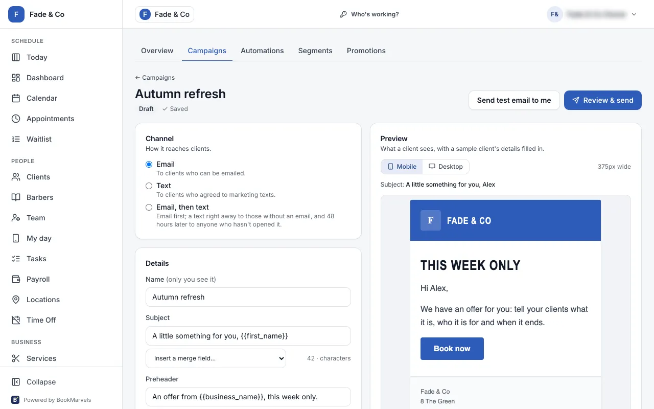 An email campaign being edited, with a preview of the email